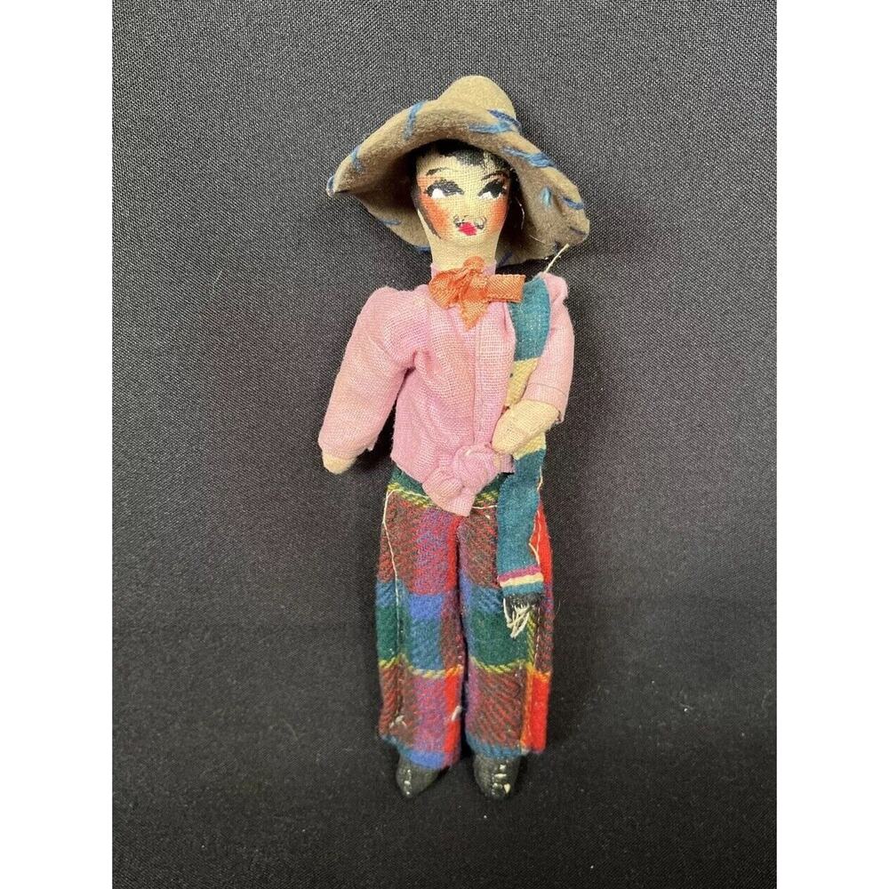 Vintage Folk Art Cloth Mexican Man 9” Doll Pink Shirt, Plaid Pants, Sombrero